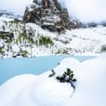A snowy landscape with a mountain in the background
